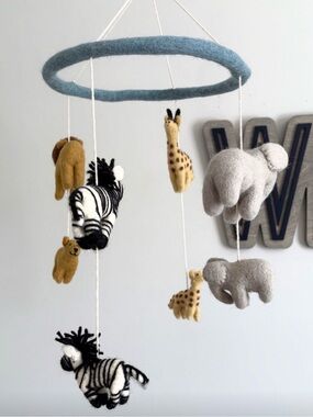 West Elm Felt Safari Mobile - Blue Ring with Gray, Yellow & Black Animals